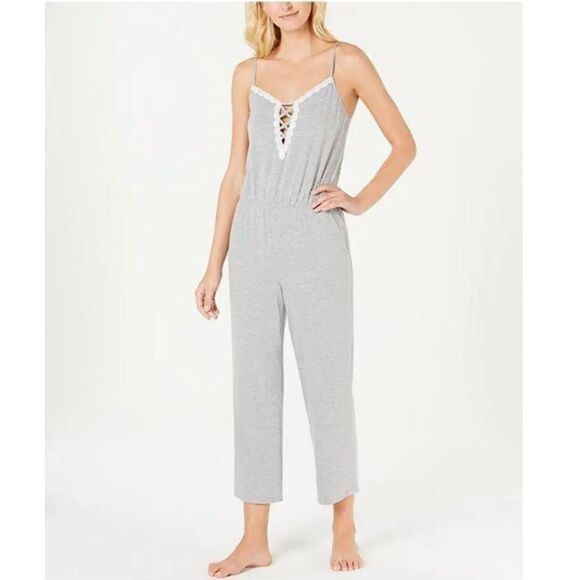 Alfani Lace-Up Knit Pajama Jumpsuit Grey Heather - Picture 1 of 1